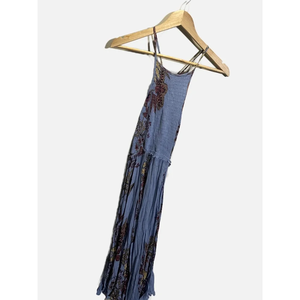 Free People Midi Dress Womens Small Blue Floral Smocked‎ Boho Summer